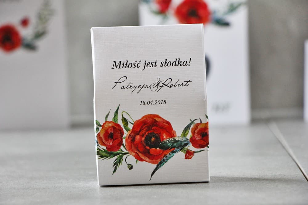 Cajita con dulces y motivo de amapolas, detalles personalizados para invitados | Recuerdos de Boda | Pistacho nº 19