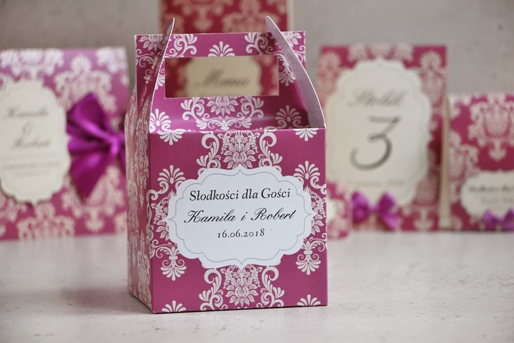 Personalized Purple Ornamental Wedding Cake Box with Handle | Wedding Cake Boxes for Guests | Ornament Design 7