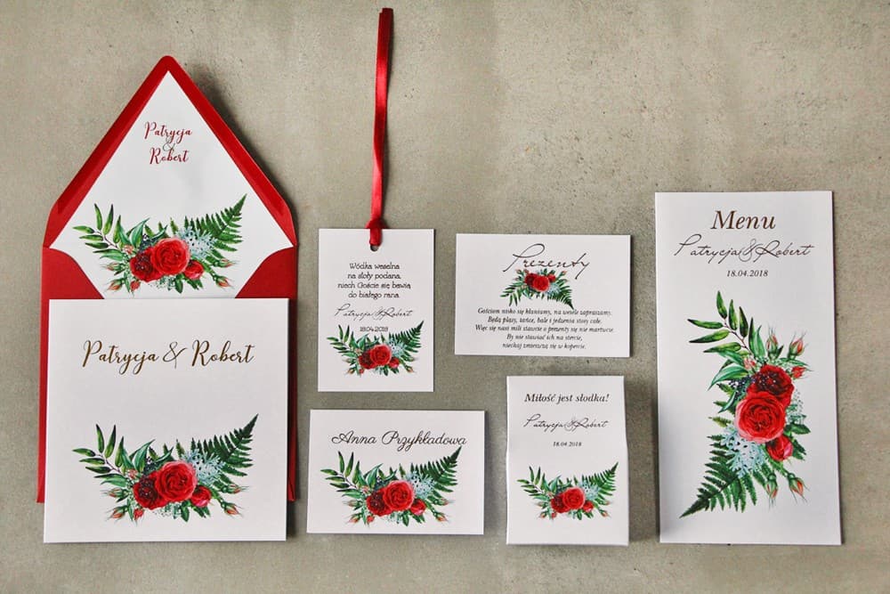 Set Campioni Stationery Matrimoniale Dorate Rose Rosse | Campioni Inviti Matrimoniali, Set Test | Cykade n. 2