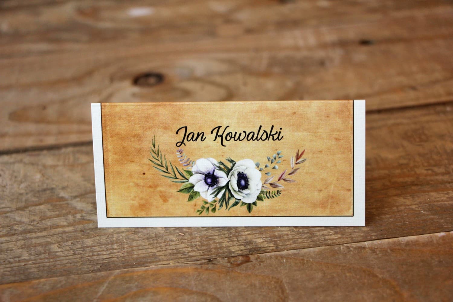 Caramel No. 7 Wedding Place Cards – White Anemone Floral Table Cards