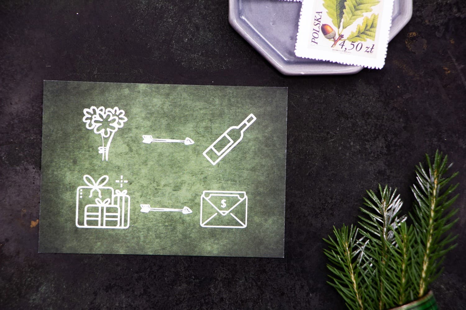 Carte argentée avec feuilles vertes | Encart d'information pour invitations de mariage | Orini n° 3