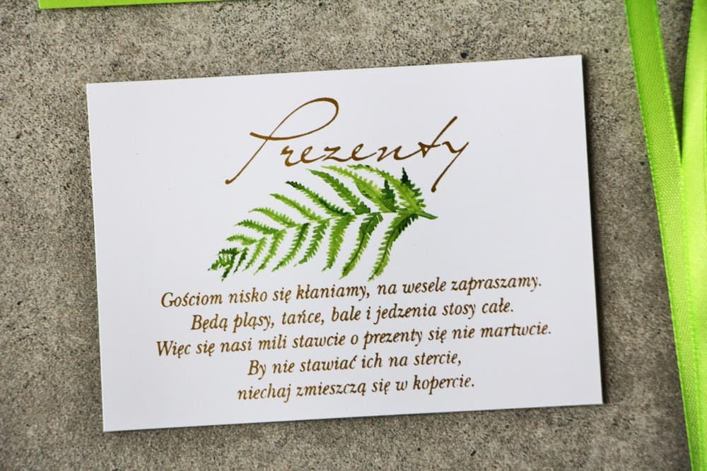 Carte cadeaux mariage - Cykade n° 11 avec dorure - feuille de fougère vert intense