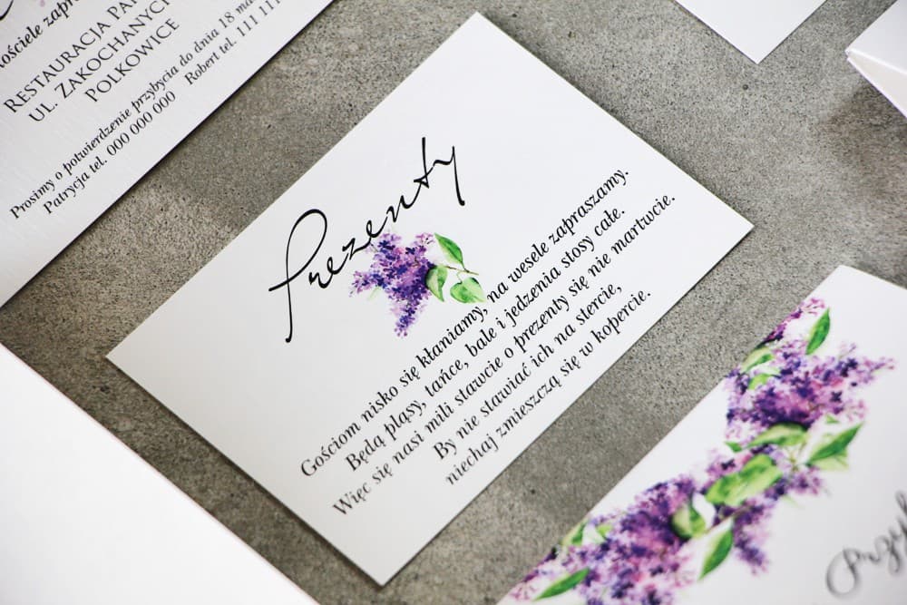 Carte d'invitation 105 x 74 mm cadeaux de mariage - Pistache n° 2 - Branche de lilas violet intense