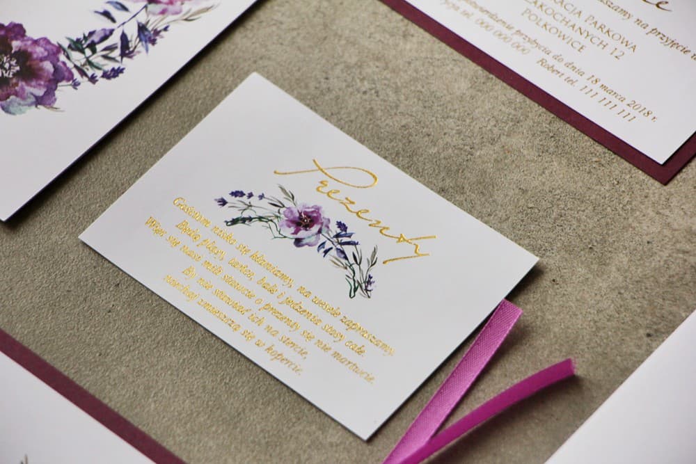 Petite carte pour cadeaux de mariage - Cykade n°9 avec dorure - Fleurs violettes délicates