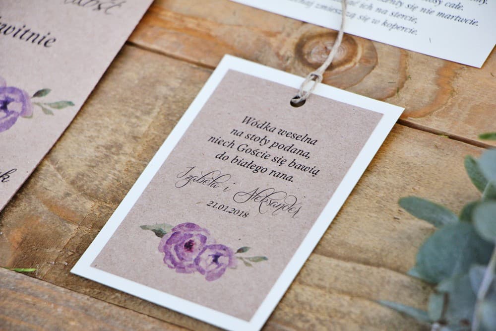 Cartellini per Liquori Rose Viola Acquerello, Carta Telata | Etichette Personalizzate per Bottiglie Matrimonio | Margaret n. 4