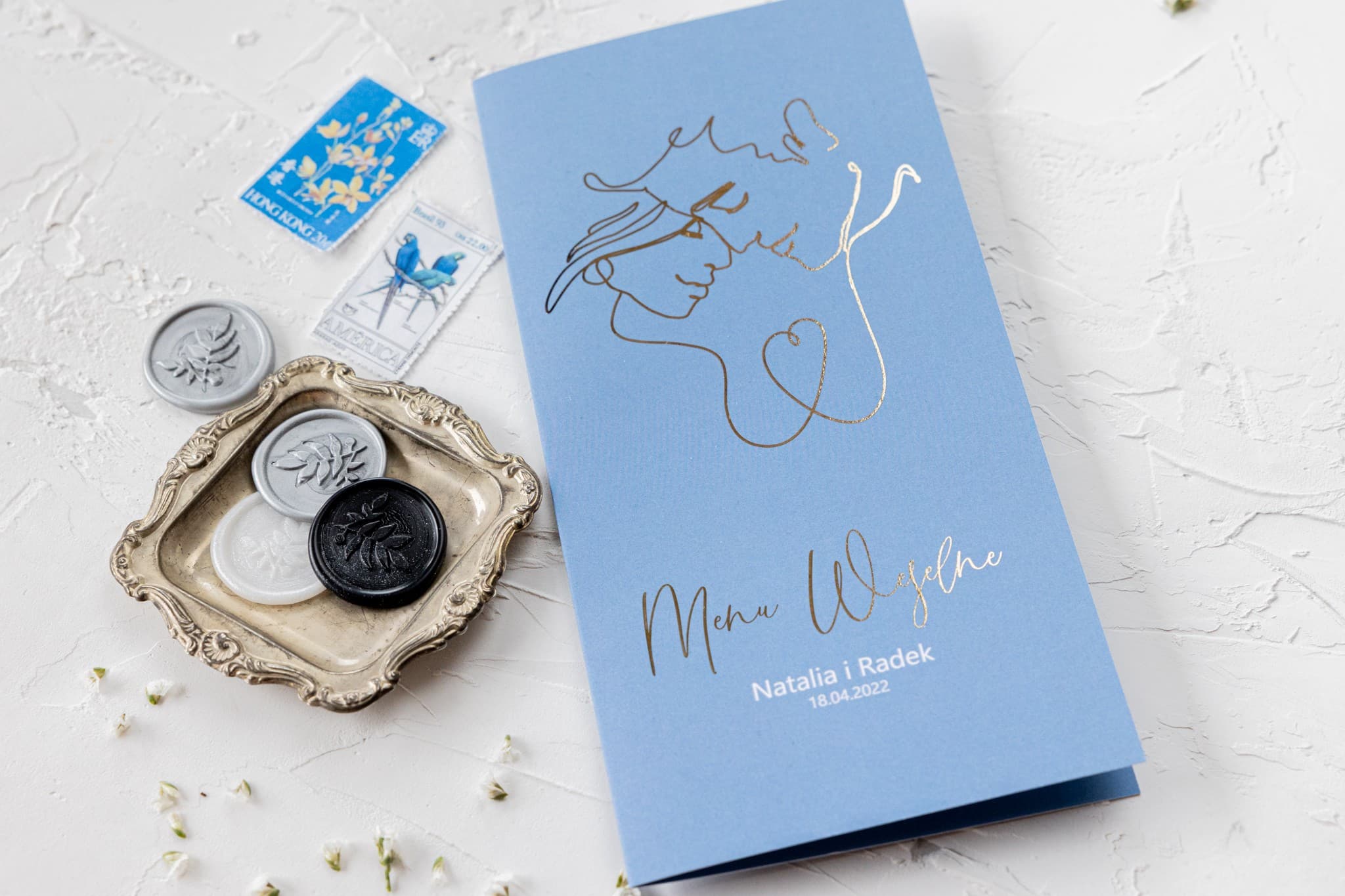 Elegant Gold Foiled Dusty Blue Wedding Menu | Satin Table Menu Card | Jaspis No. 4