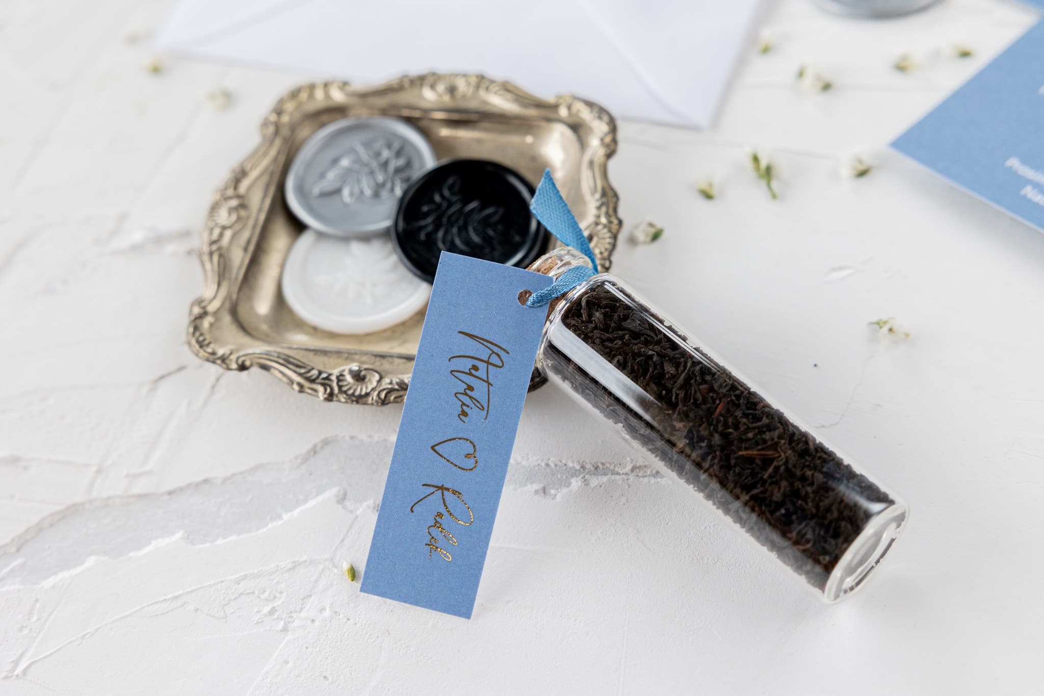 Dusty Blue Tea Bottle | Elegant Wedding Favours | Jaspis No. 4