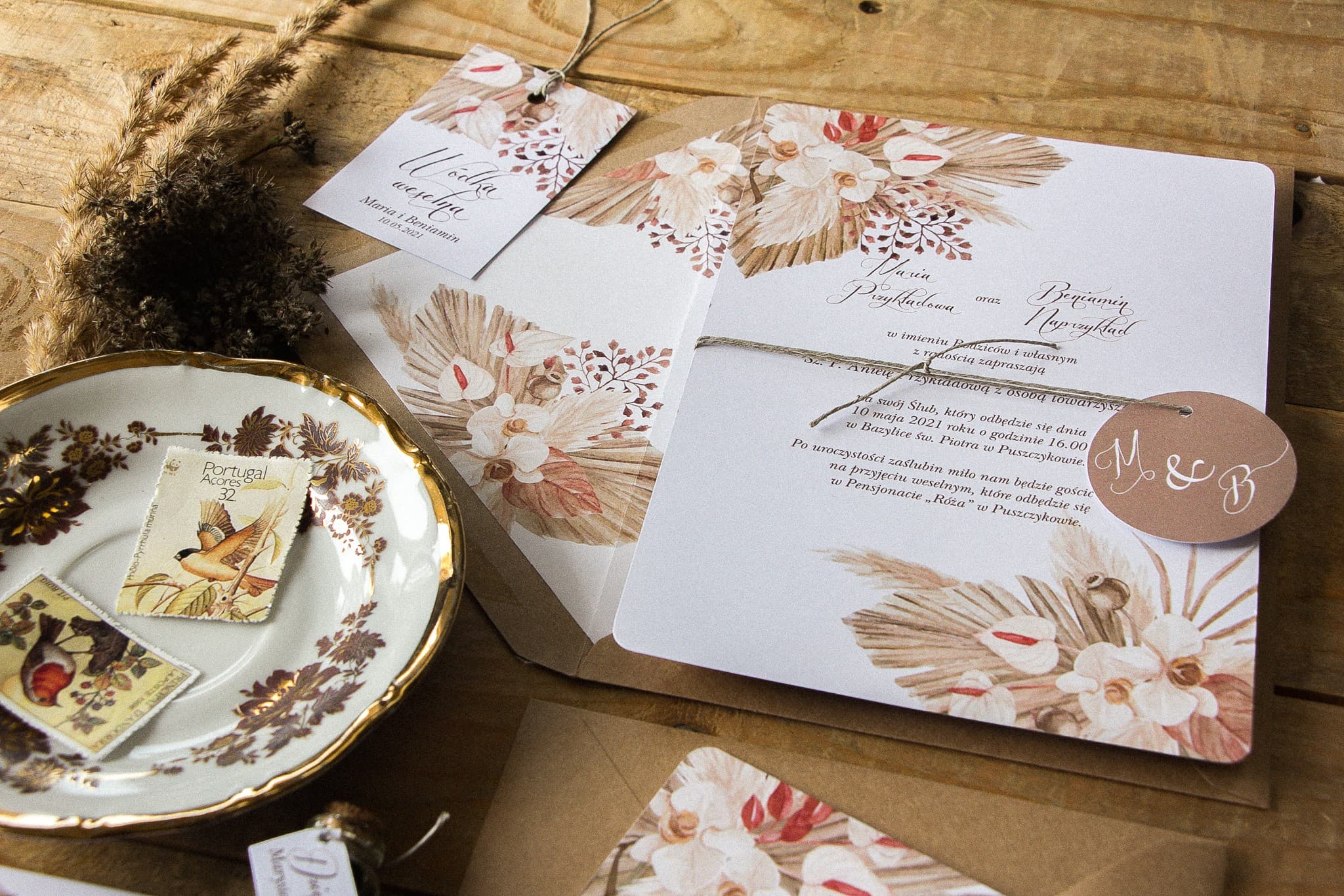 Échantillon d'invitation de mariage avec herbe de la pampa style boho Indygo n° 6