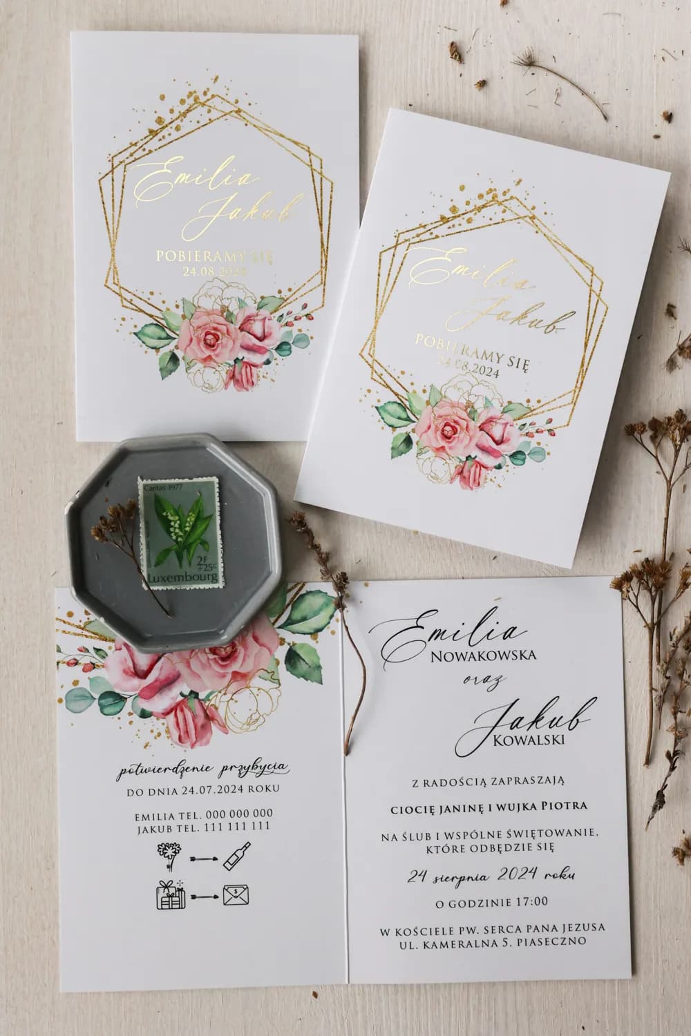 Échantillon de faire-part de mariage motif botanique et branche de Ruscus n° 7