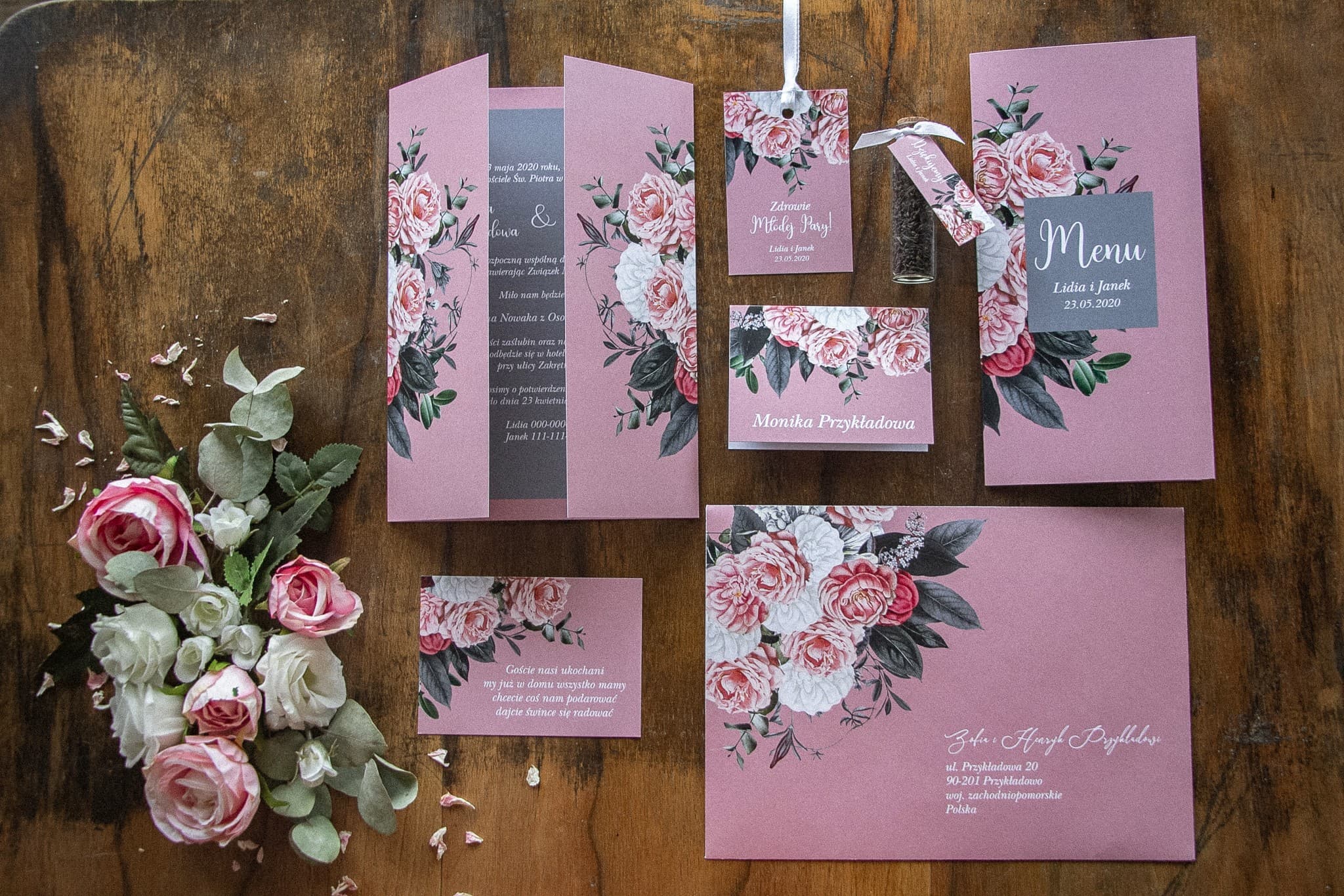 Échantillons de faire-part de mariage vieux rose avec bon de réduction | Éthéré n° 3