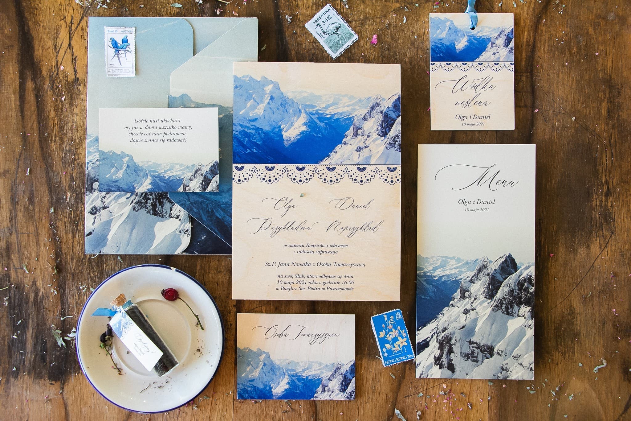 Kit d'échantillons sur bois avec accessoires | Échantillons de faire-part de mariage rustiques | Topaz n° 1