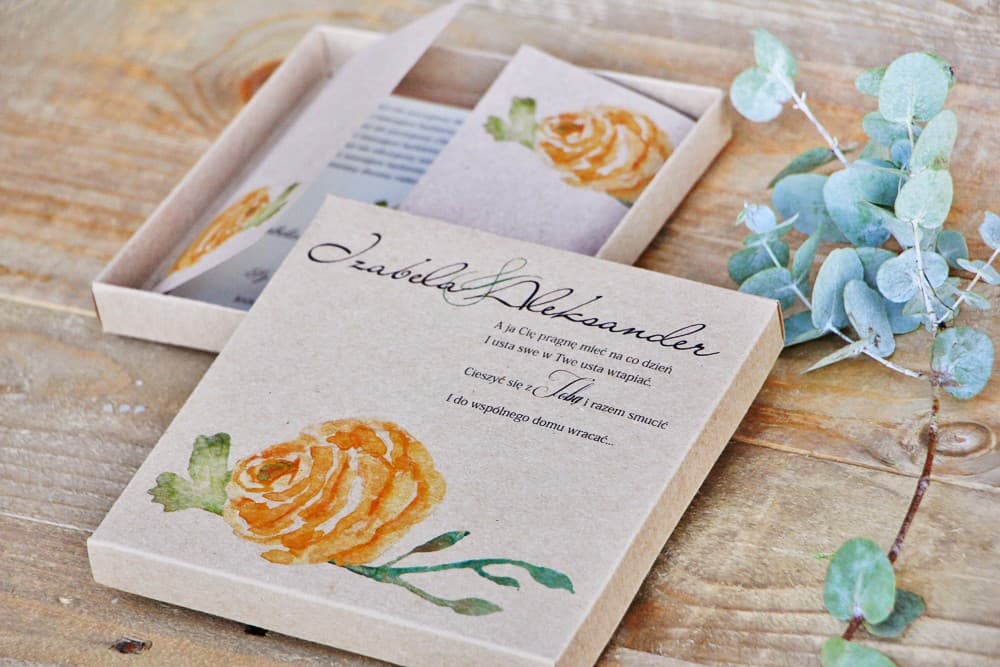 Unique Wedding Invitations in an Eco Box with Yellow Rose, Linen Paper – Margaret No. 3