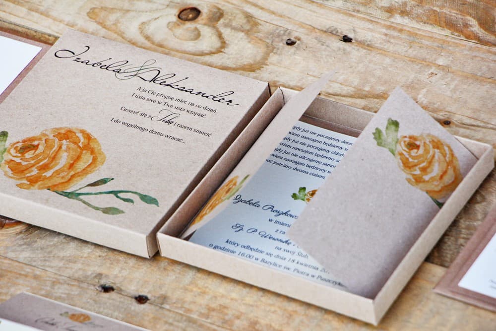 Unique Wedding Invitations in an Eco Box with Yellow Rose, Linen Paper – Margaret No. 3 - 2