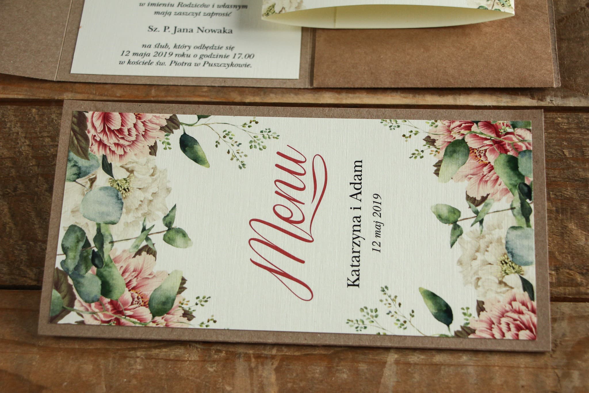 Eco-Friendly Wedding Menu with Peonies and Eucalyptus | Kraft Table Menu Card | Kraft No. 2