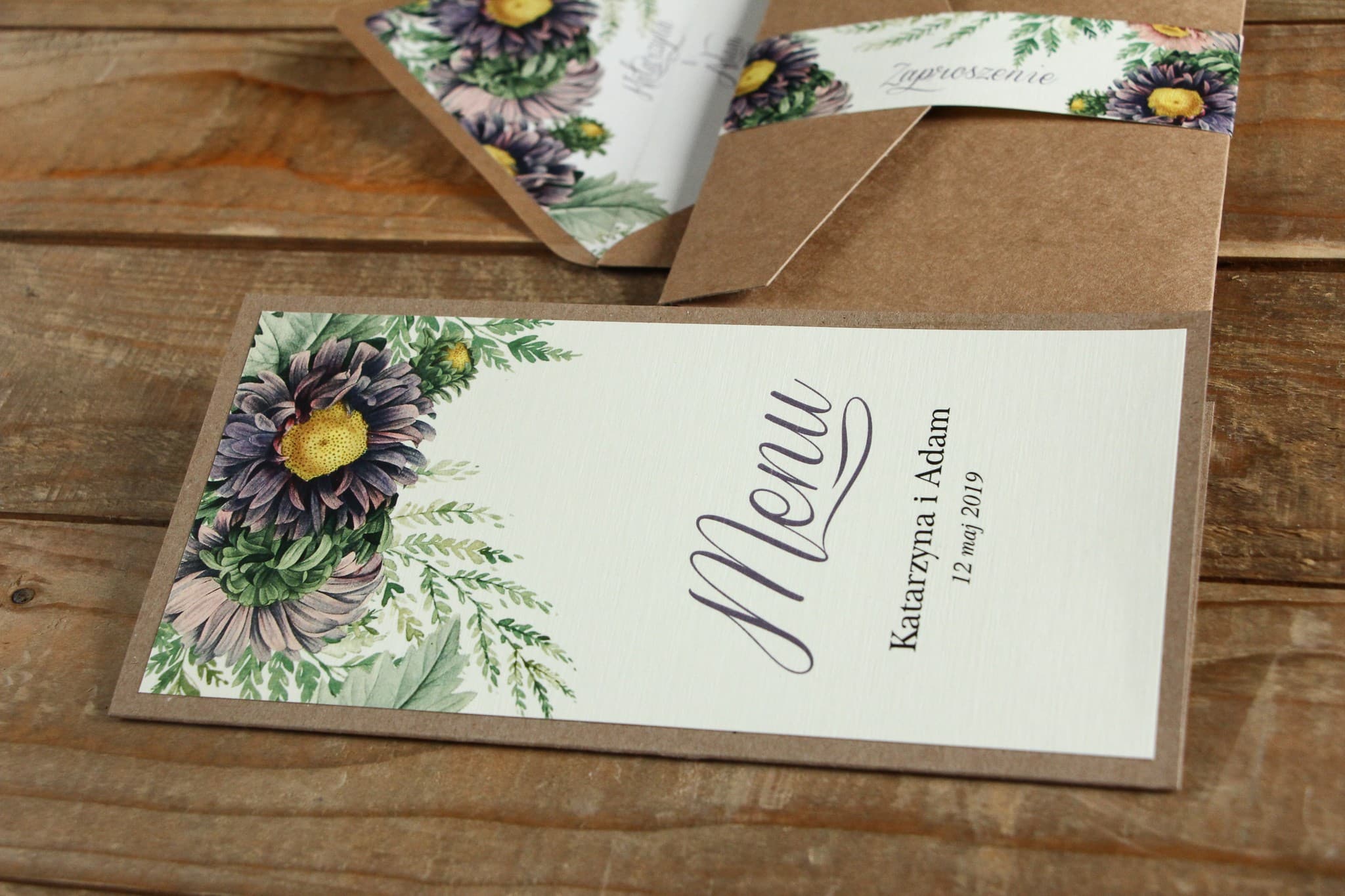Eco-Friendly Folding Wedding Menu with Purple Asters | Personalized Rustic Table Menu | Kraft No. 3