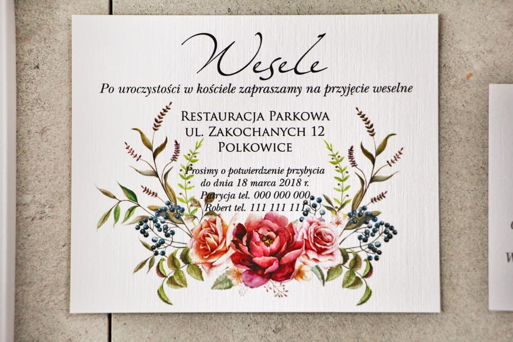 Einleger zur Hochzeitseinladung mit burgunderroten Rosen | Zusatzkarte für Hochzeit, RSVP, Geschenkreime | Kollektion Pistacjowe Nr. 11