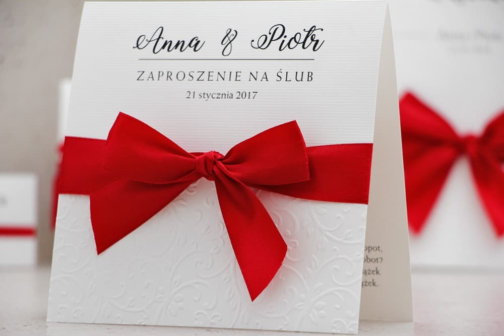 Glamour White Embossed Wedding Invitations with Satin Bow – Belisa No. 2