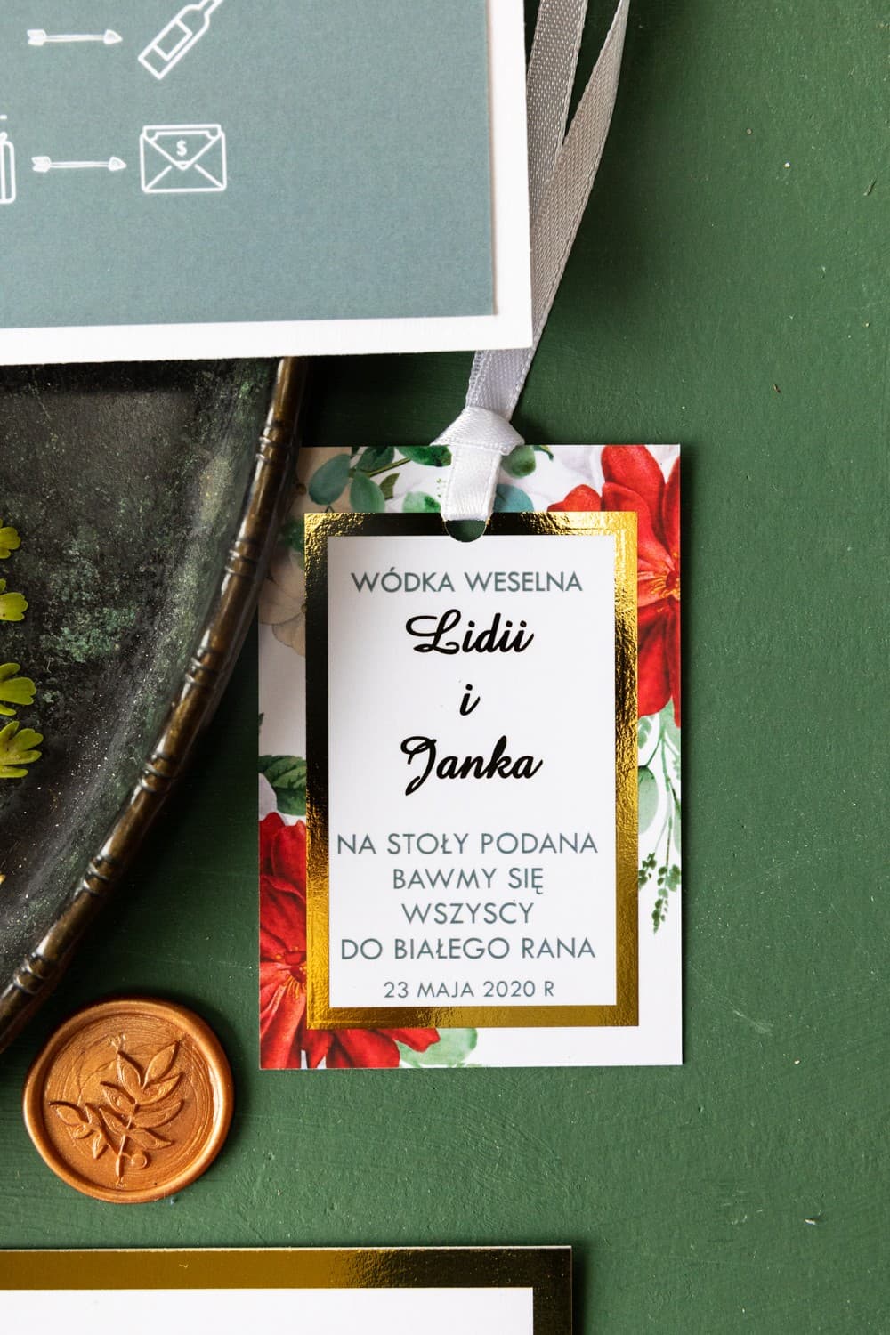 Elegant Gilded Wedding Bottle Tags with Roses | Wedding Vodka Tags | Avril No. 4