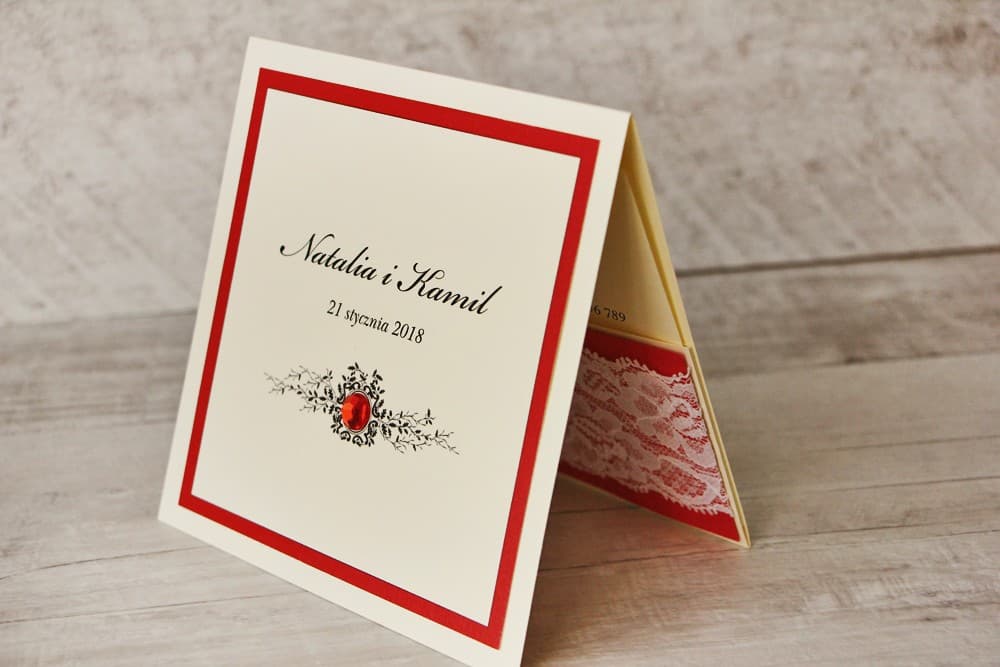 Glamour Square Wedding Invitations with Lace and Cubic Zirconia – Z Koronką Design 9 - 3