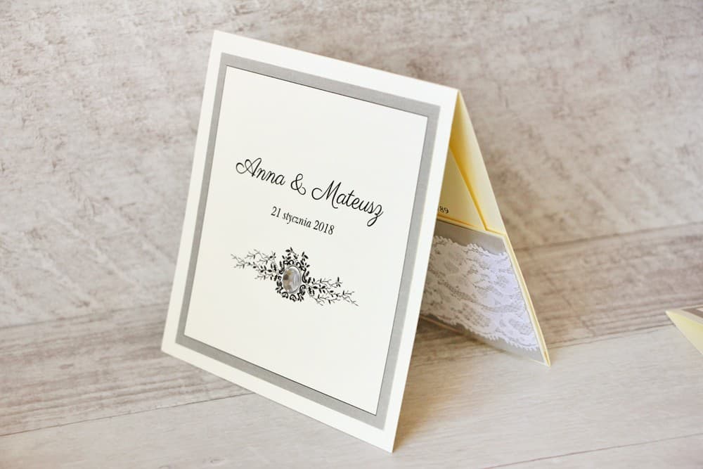 Elegant Glamour Wedding Invitations with Cubic Zirconia and Lace Pocket, Square – Lace No. 7 - 3