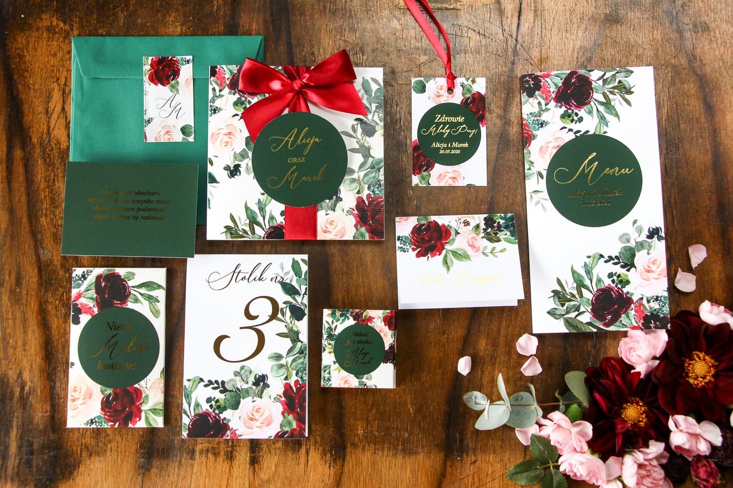 Soreli No. 2 Wedding Invitation – Glamour Style with Burgundy Peony and Gold Foiling - 2