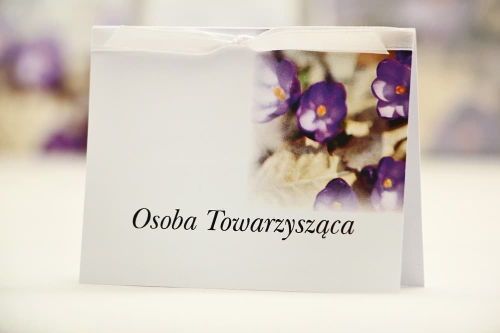 Elegant No. 26 Wedding Place Cards – Table Name Cards with Ribbon and Purple Crocuses
