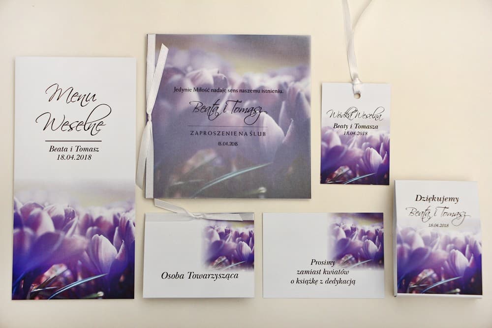 Spring Wedding Invitations with Vellum, Purple Crocuses and Ribbon – Elegant Design 14