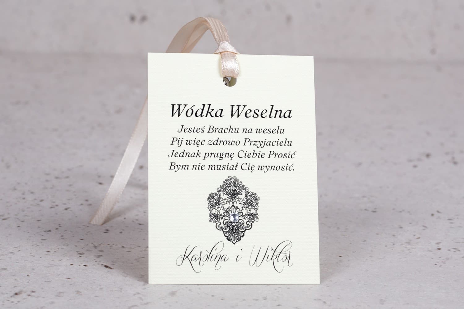 Elegant Wedding Vodka Tags with Cubic Zirconia and Ornament | Moreno No. 3