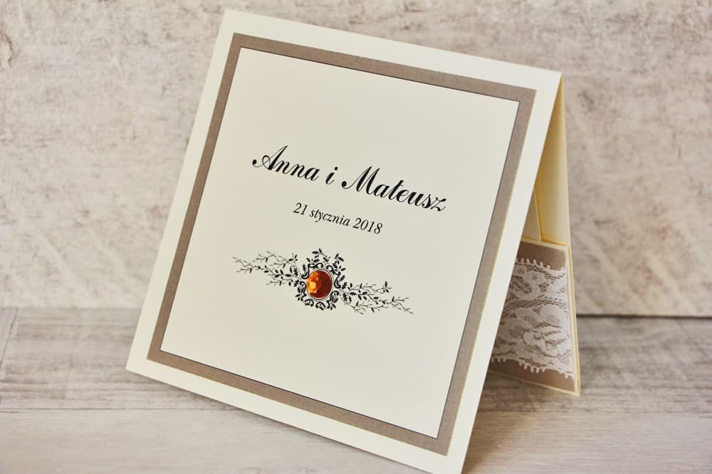 Invitación de boda elegante con circonitas - Encaje nº 4 - Marrón y crema