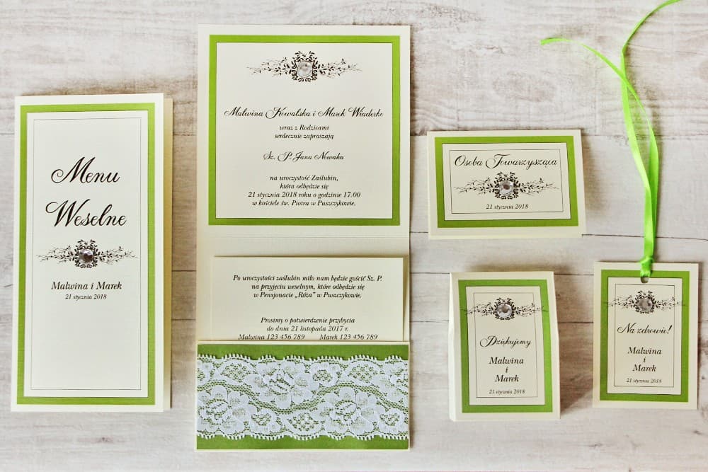 Invitación de boda con accesorios - Con Encaje nº 6 - Verde - Elegante con circonitas y encaje