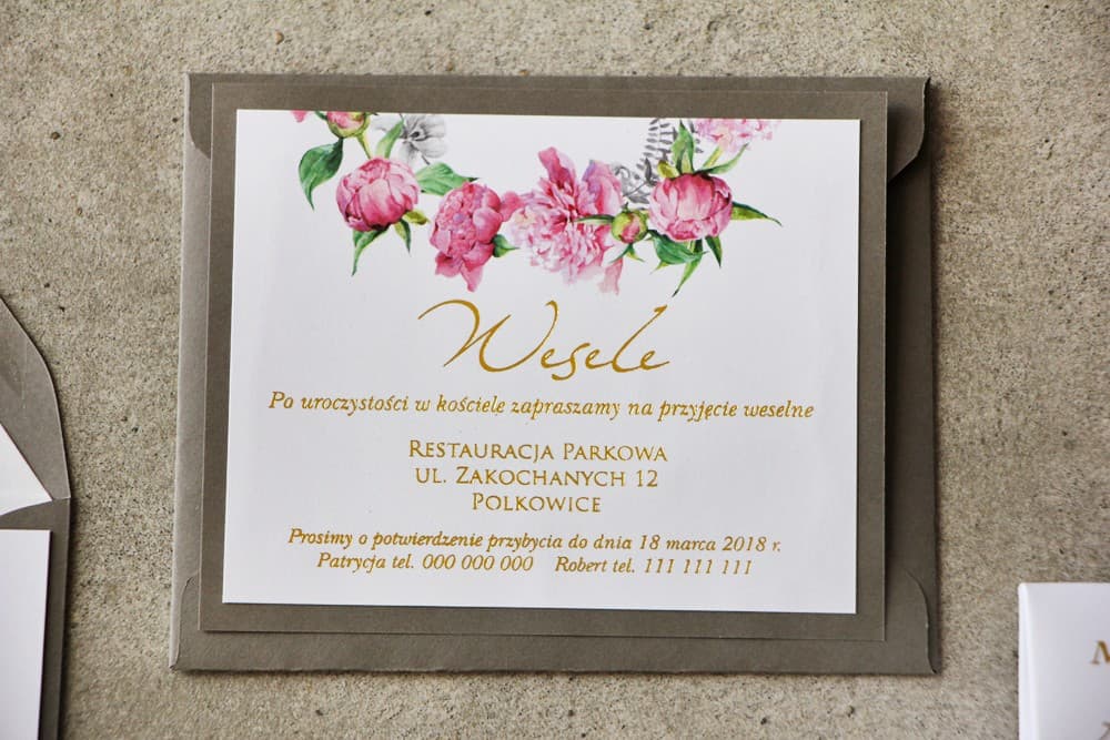 Encart de Faire-part de Mariage Doré Pivoines Roses | Carte RSVP ou Cadeaux | Cykade n° 10