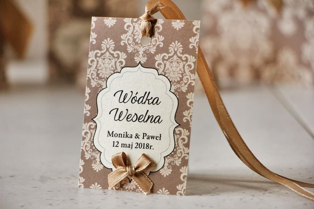 Elegantes etiquetas para botellas, ornamento marrón, papel perlado | Etiquetas personalizadas para vodka | Ornamento n.º 6