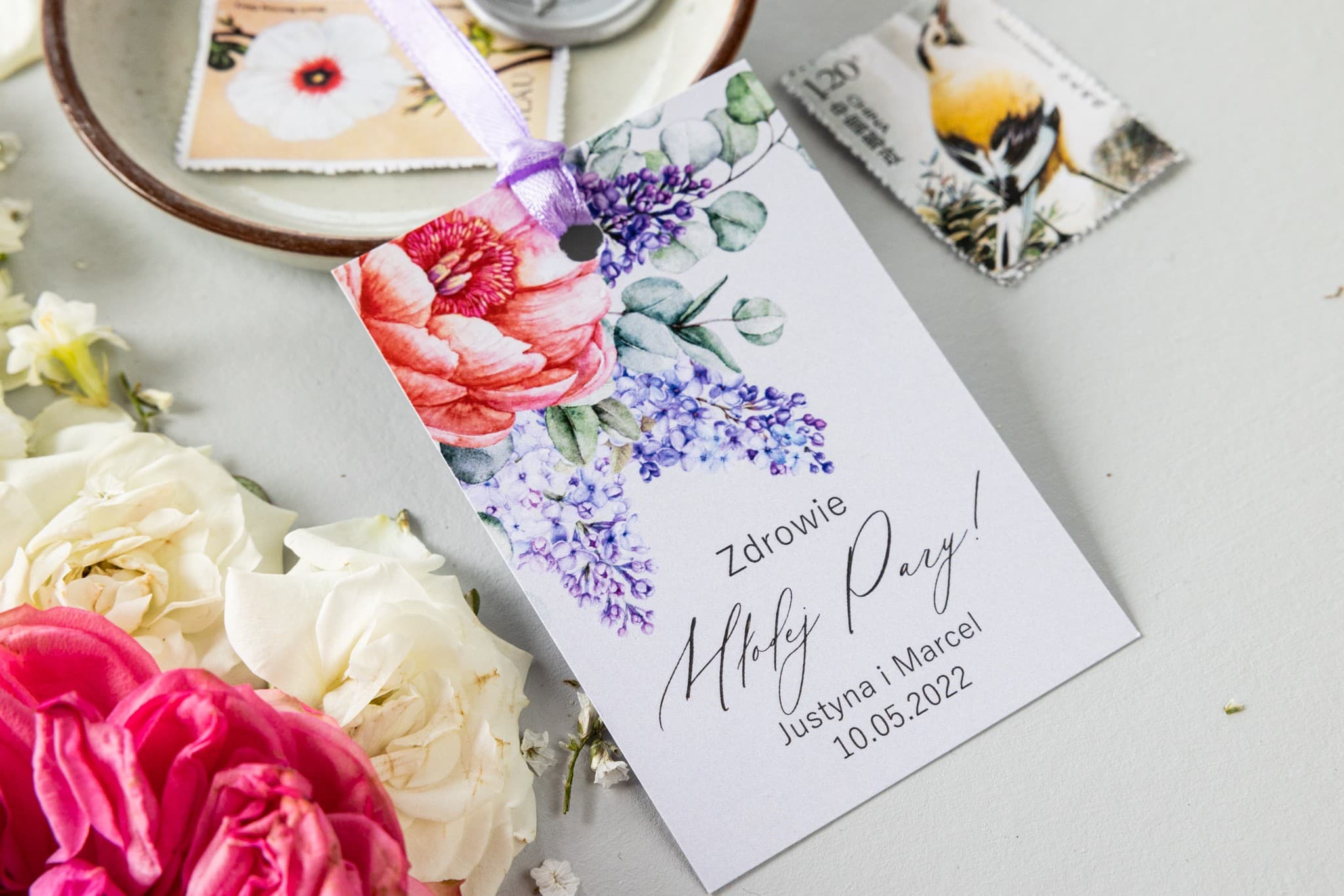 Étiquettes pour bouteilles de mariage avec fleurs | Étiquettes élégantes pour alcool | Collection Soft n° 7