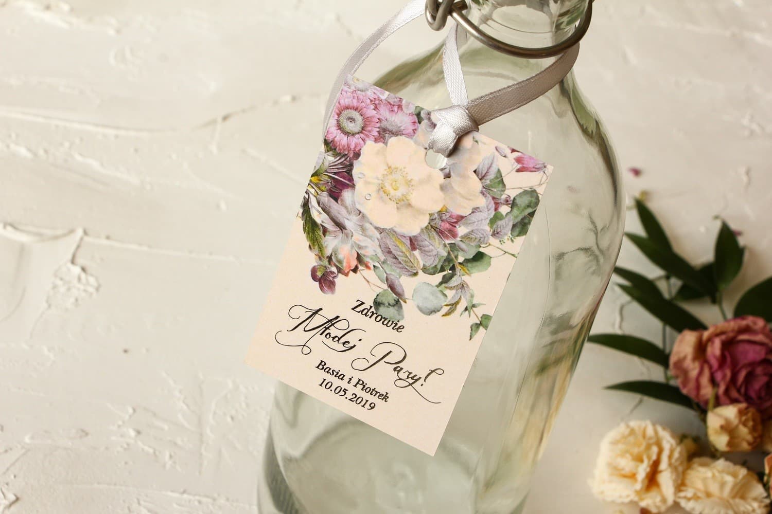 Étiquettes de Bouteille Dorées avec Roses et Eucalyptus | Décorations Élégantes pour Alcool de Mariage | Pastel n° 4