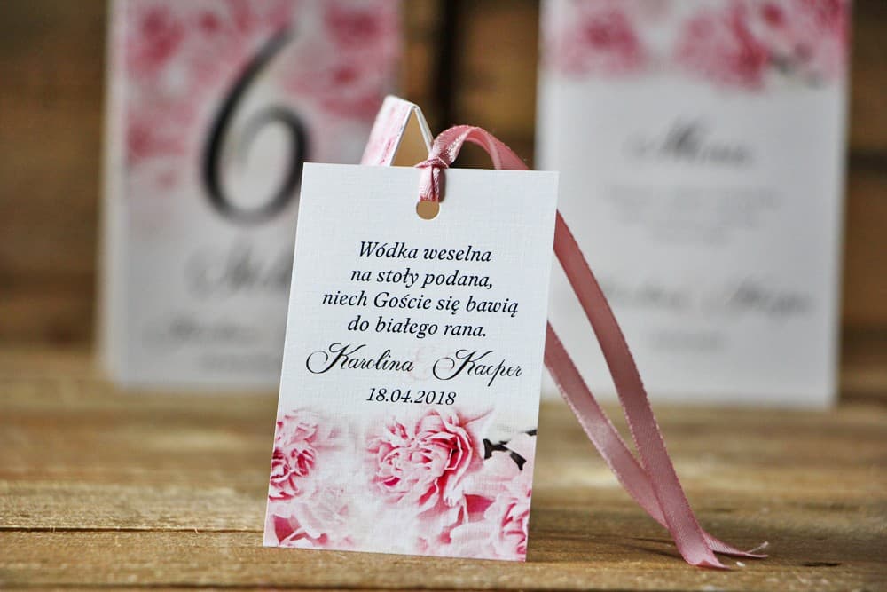 Étiquette de bouteille de mariage, vodka, œillets rose clair - Aquarelle n° 21