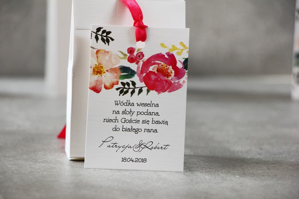 Étiquette pour bouteille, alcool de mariage - Pistacjowe n° 3 - Fleurs aux couleurs intenses rose et saumon