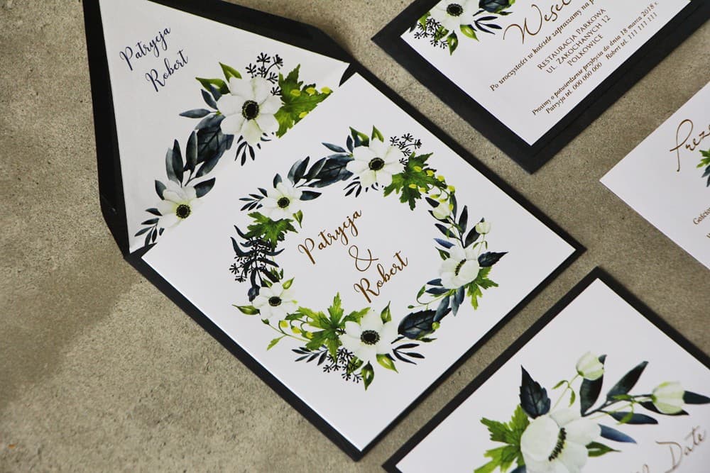 Faire-part de mariage doré Cykade n° 3 anémones blanches Amelia Wedding