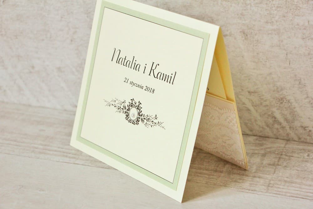 Faire-part de mariage carré glamour Avec Dentelle n° 8 debout Amelia Wedding