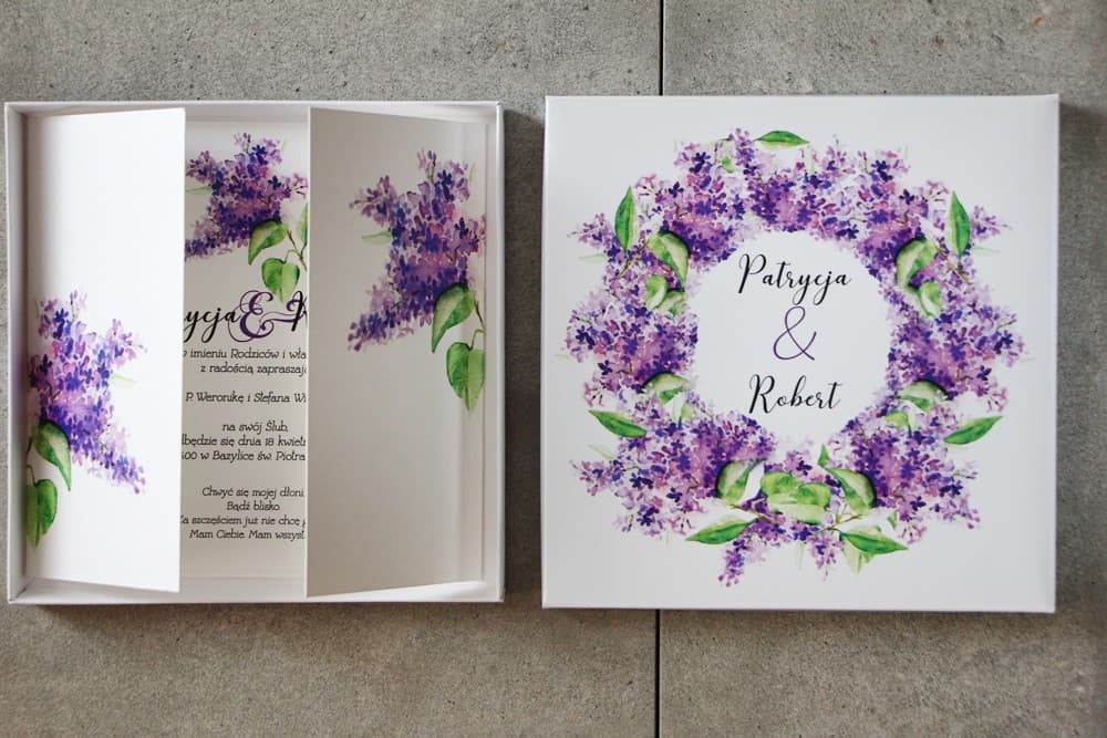 Faire-part de mariage en boîte Pistache n° 2 lilas violet Amelia Wedding