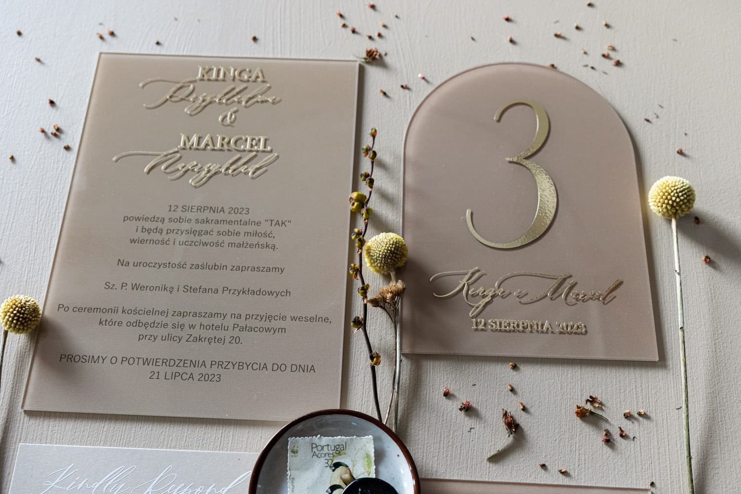 Set de papeterie de mariage sur verre numéro de table et faire-part Dalia n° 3 Amelia Wedding