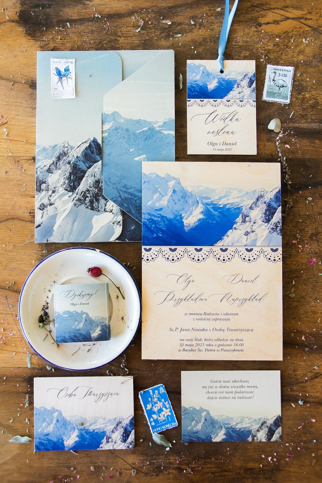 Faire-part de Mariage en Bois – Topaz n° 1 avec Paysage de Montagne