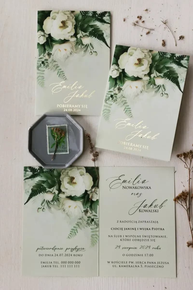 Faire-part de mariage botaniques avec motif de branche verte Ruscus n° 11