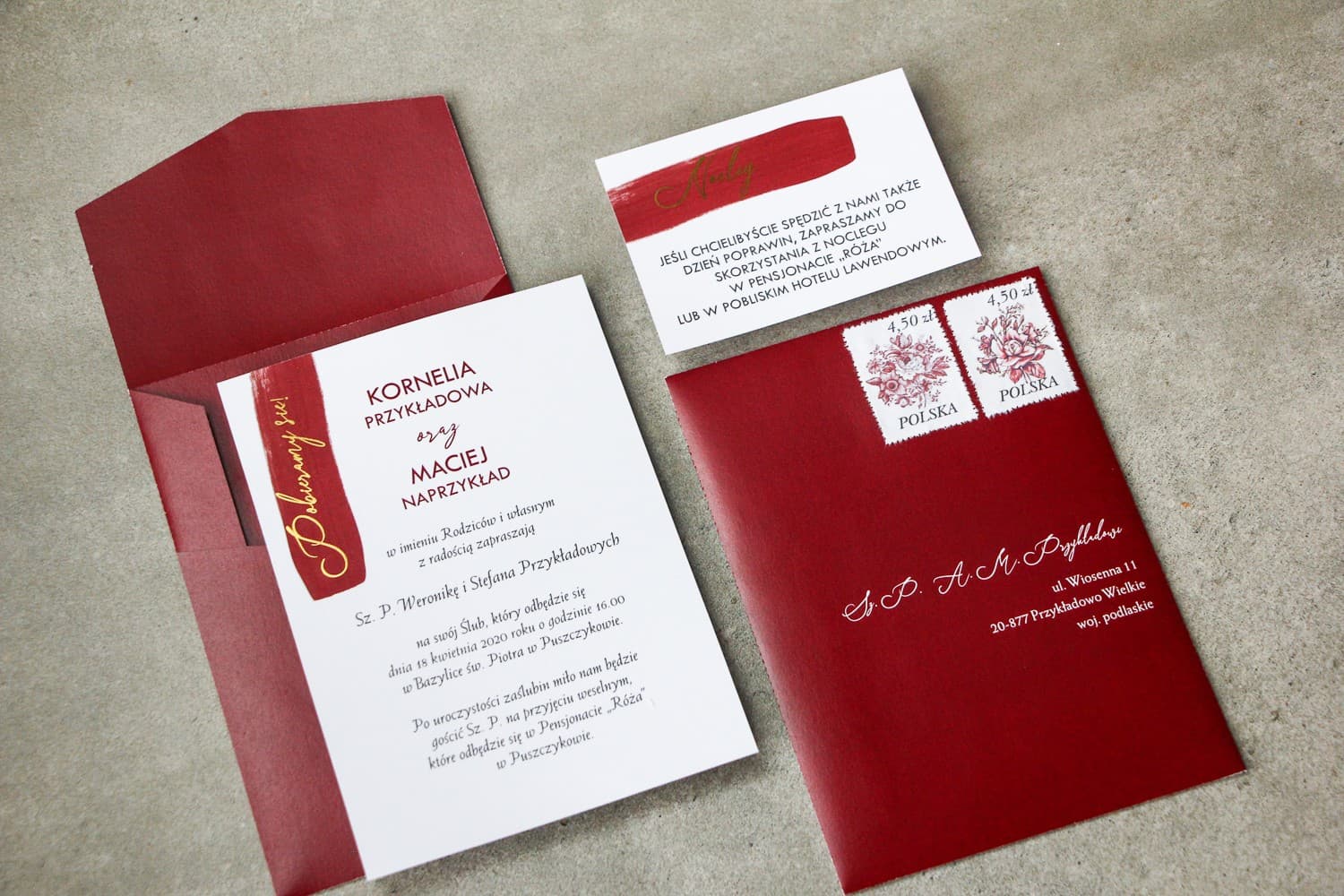 Élégante enveloppe bordeaux et faire-part avec dorure Verte n° 1 Amelia Wedding