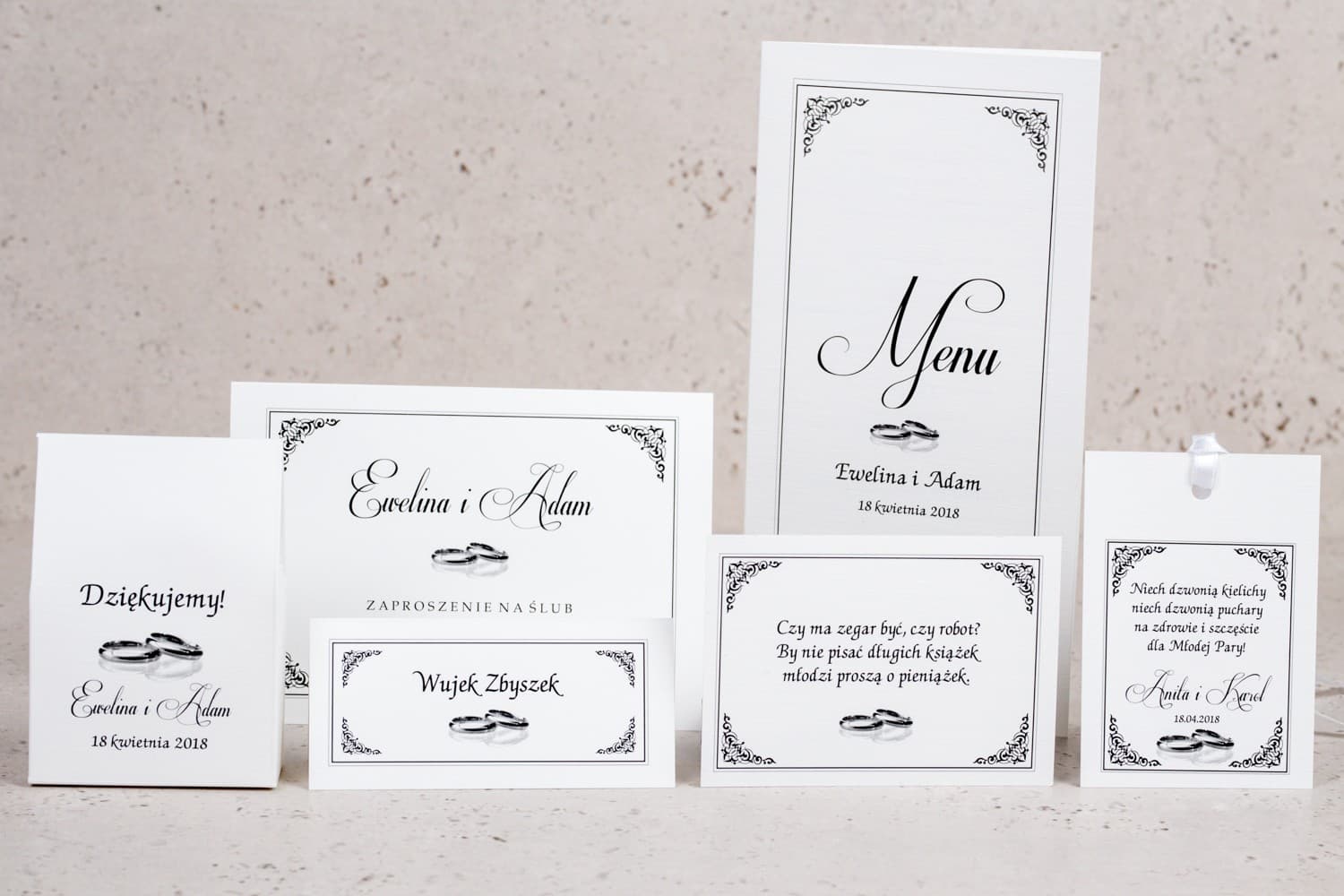 Ensemble de papeterie de mariage Arte n° 1 marque-places menu et étiquettes Amelia Wedding