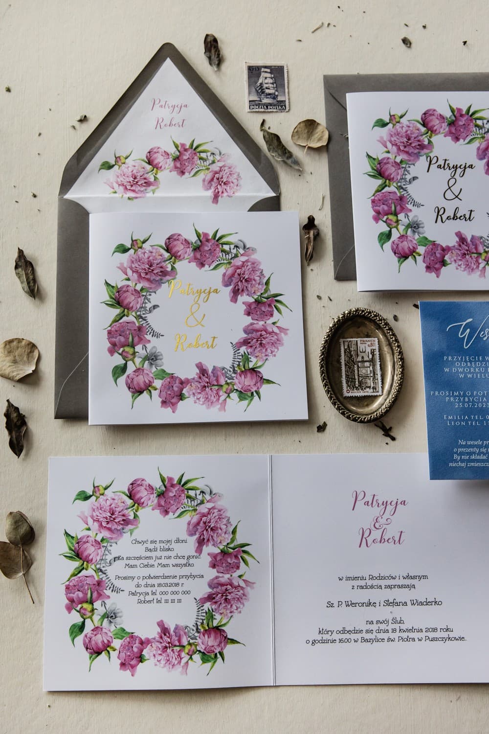 Faire-part de mariage doré Cykade n° 10 motif pivoines et fougères Amelia Wedding