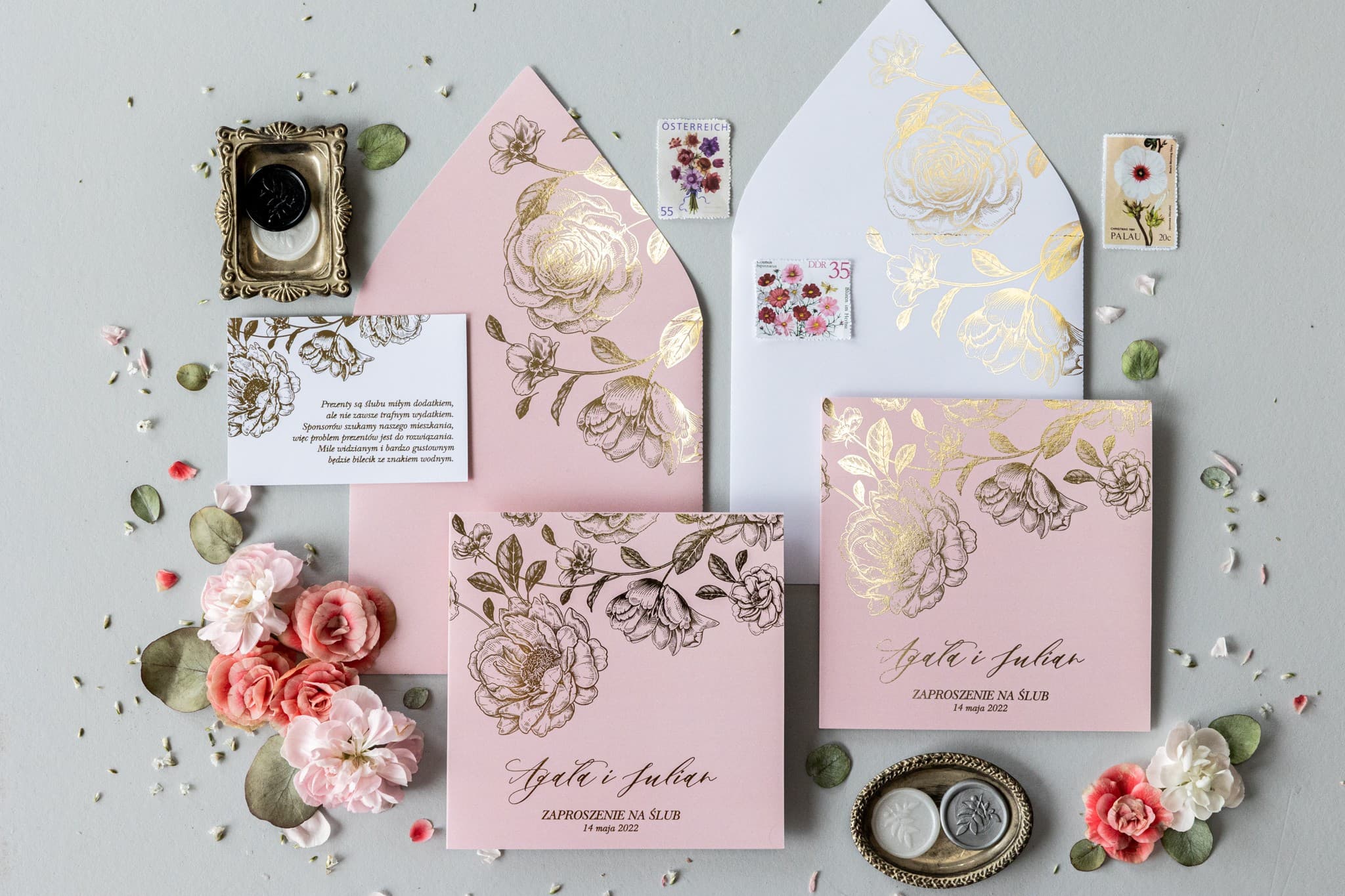 Invitations de mariage rose et or avec enveloppe Onyks n° 1 Amelia Wedding