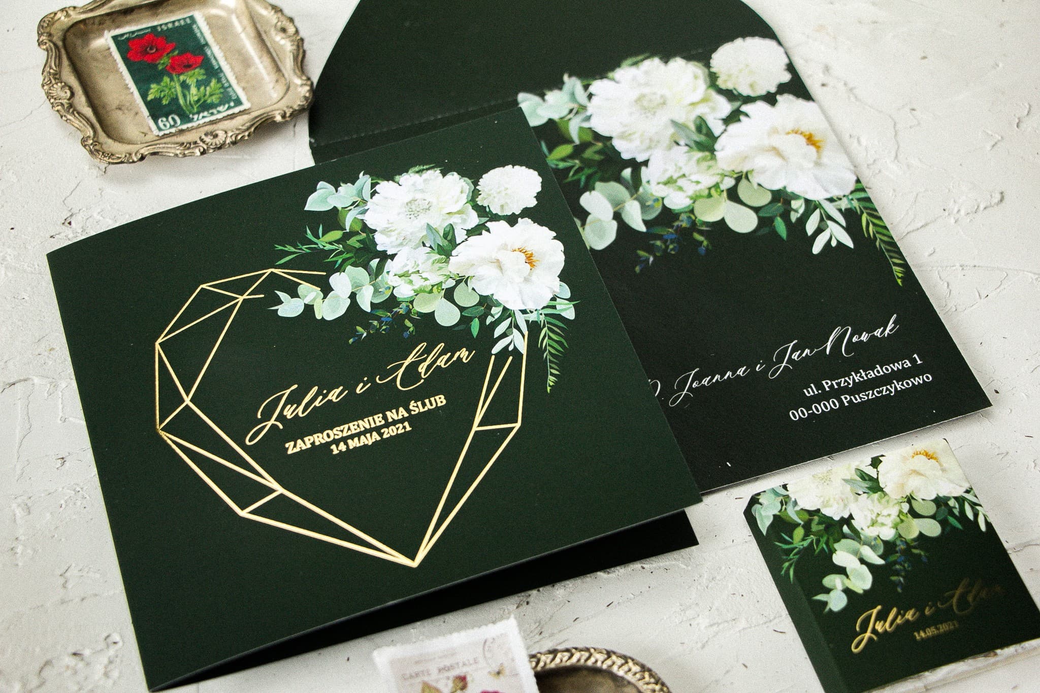 Faire-part de mariage doré cœur géométrique fleurs blanches Amelia Wedding