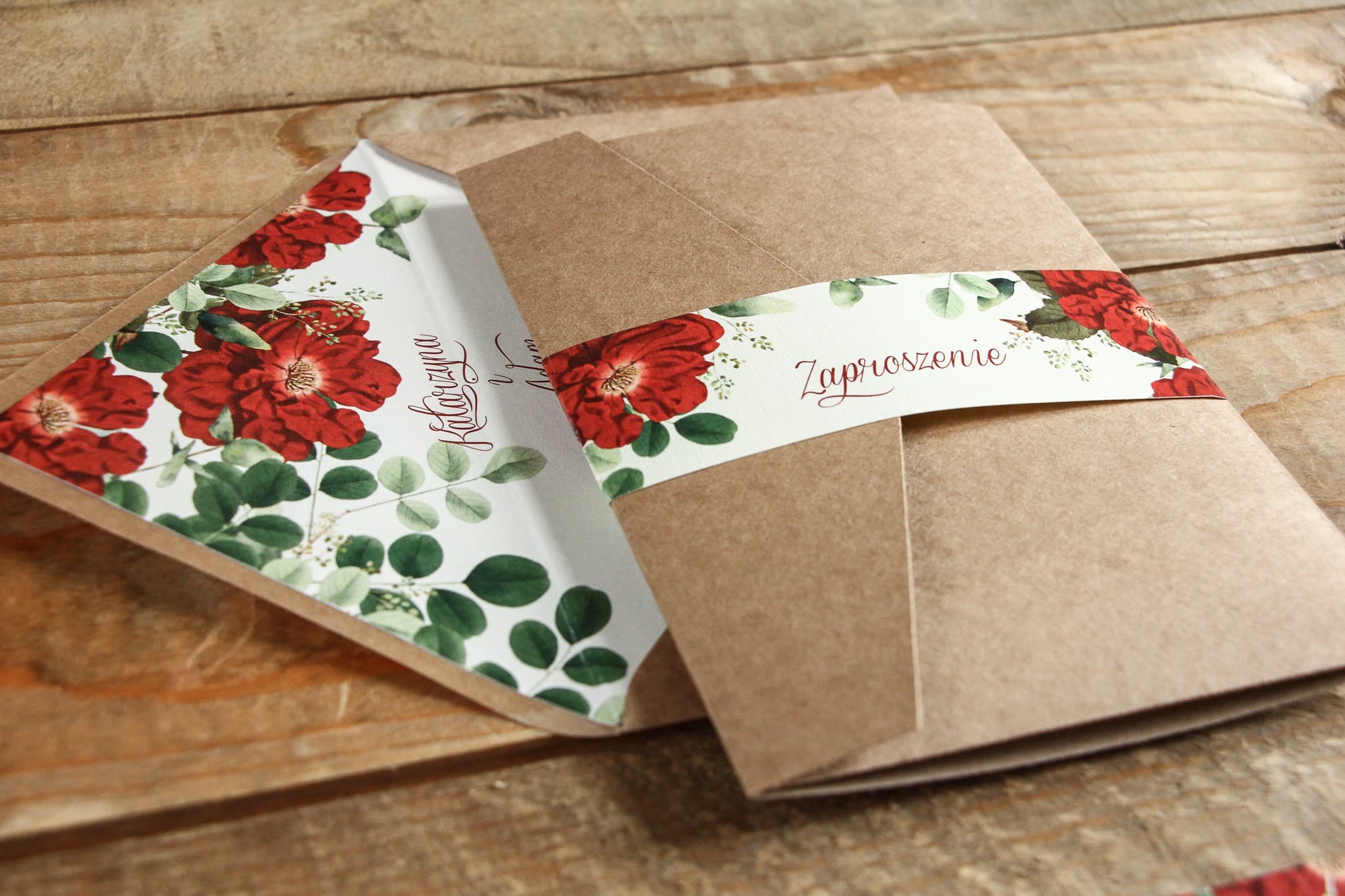 Faire-part de mariage rustique Kraft n° 4 rose rouge Amelia Wedding