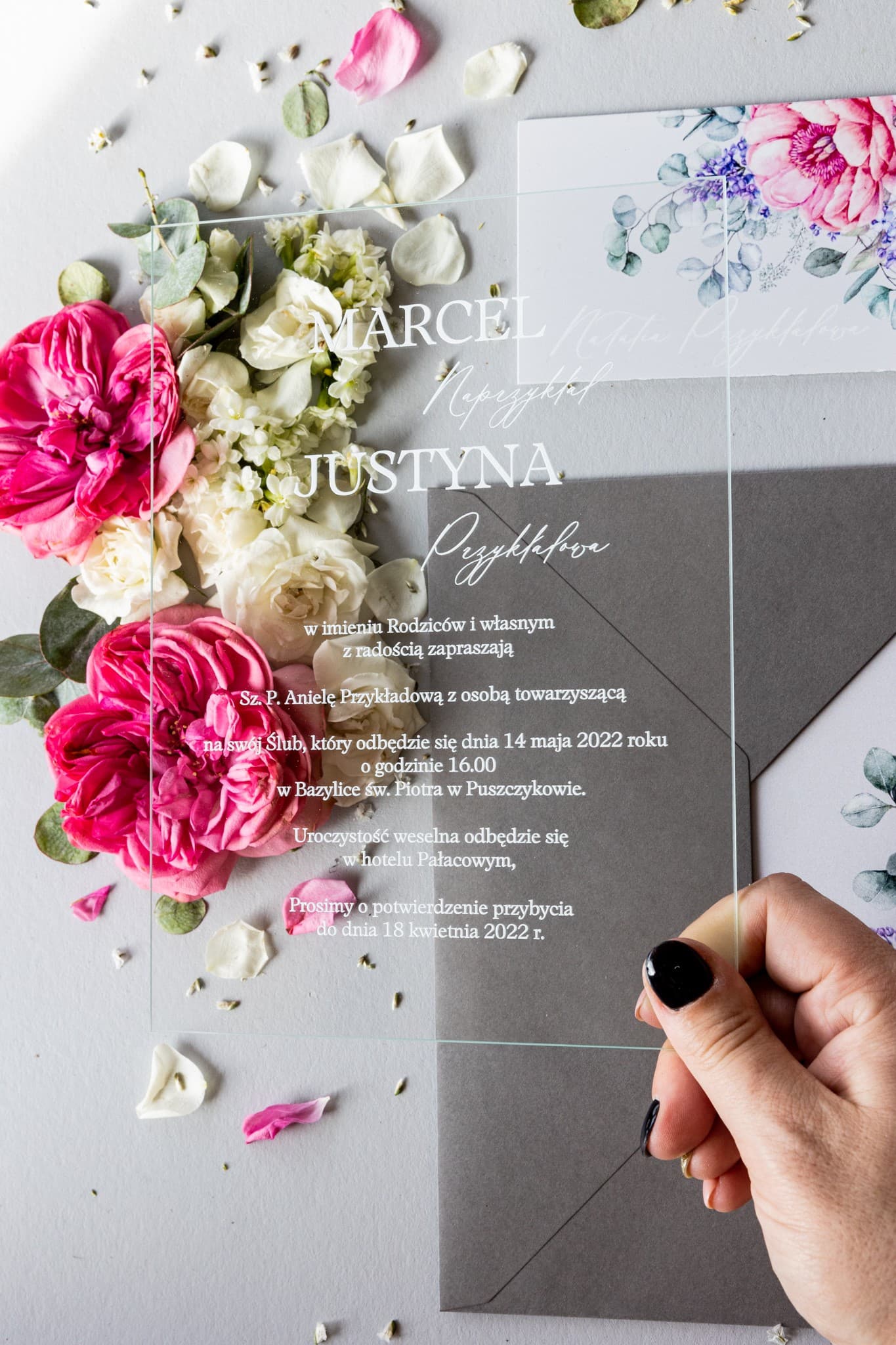 Faire-part de mariage en verre Soft n° 7 pivoines roses Amelia Wedding