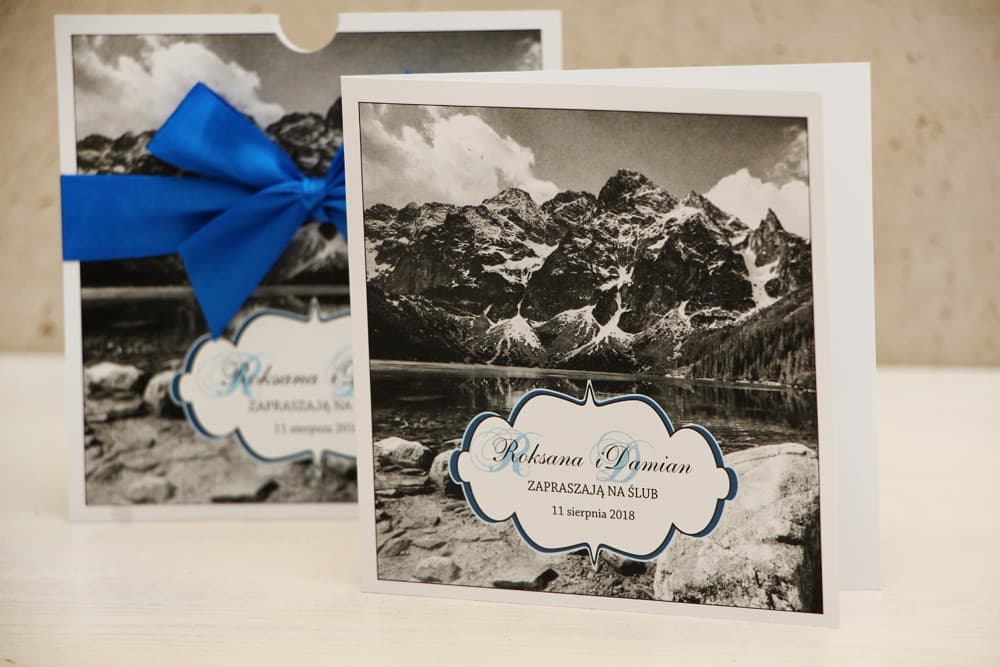 Faire-part de mariage carré avec photo de montagne noir et blanc Felicja n° 21 Amelia Wedding